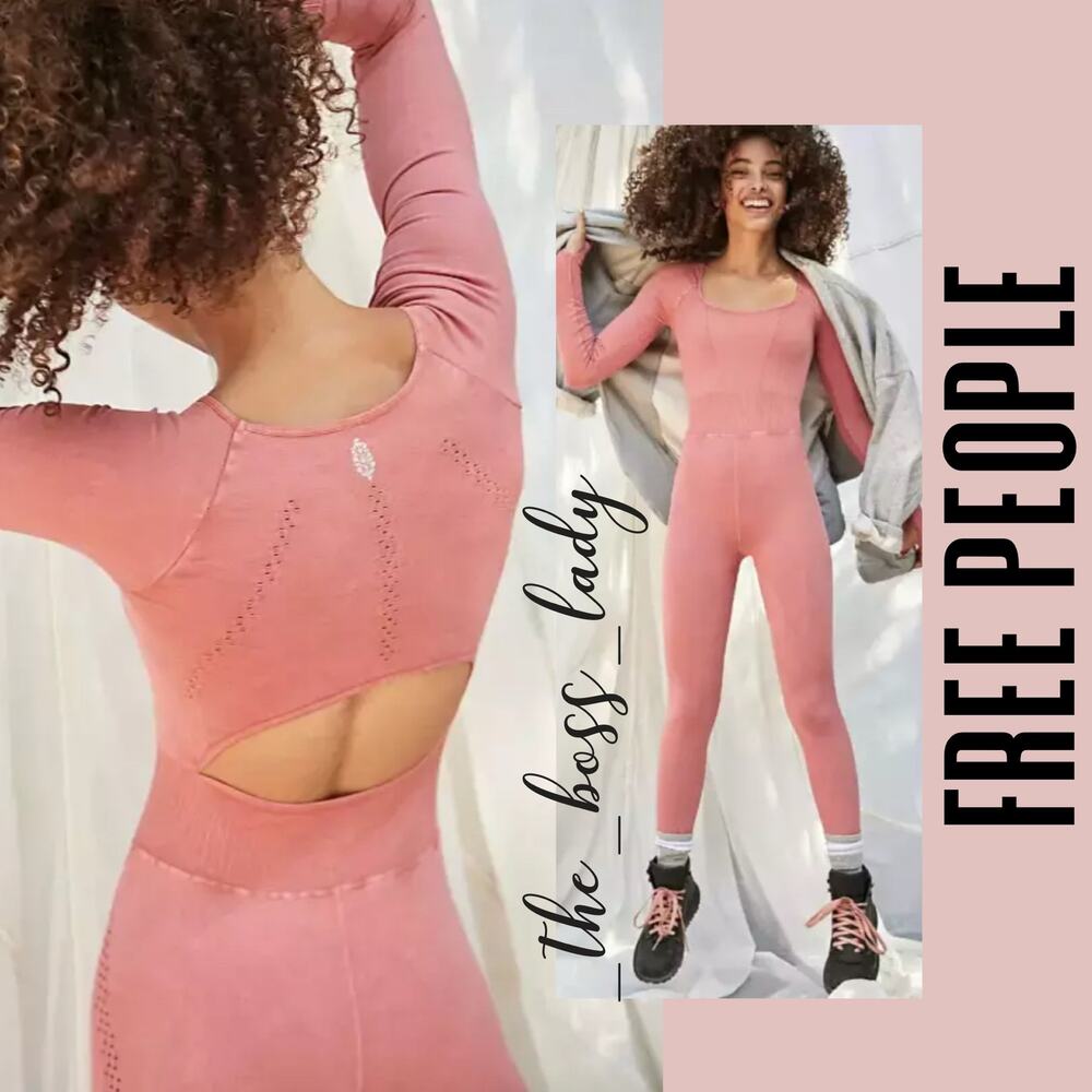 Free People FP Movement Good Karma long sleeve onesie jumpsuit romper peach pink